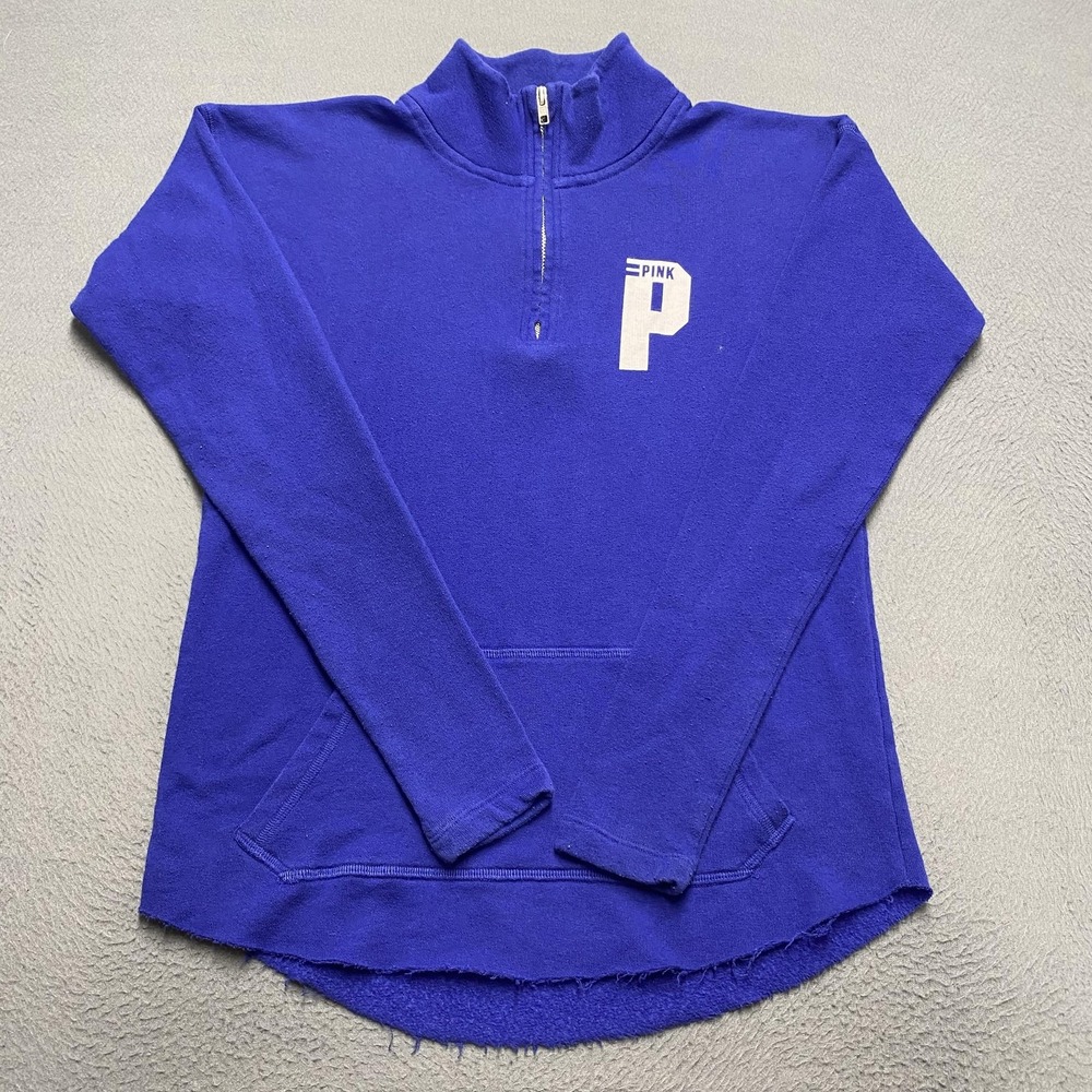 PINK‎ Victoria's Secret Sweatshirt Womens XS Blue Quarter Zip Pullover P Logo